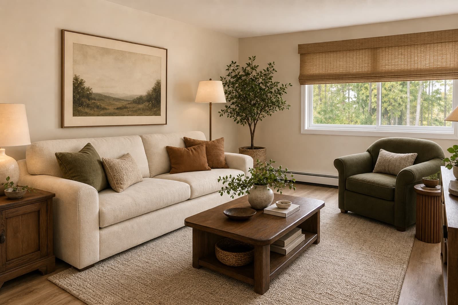 A living room designed and installed by Procuva — tap any piece to explore the real product